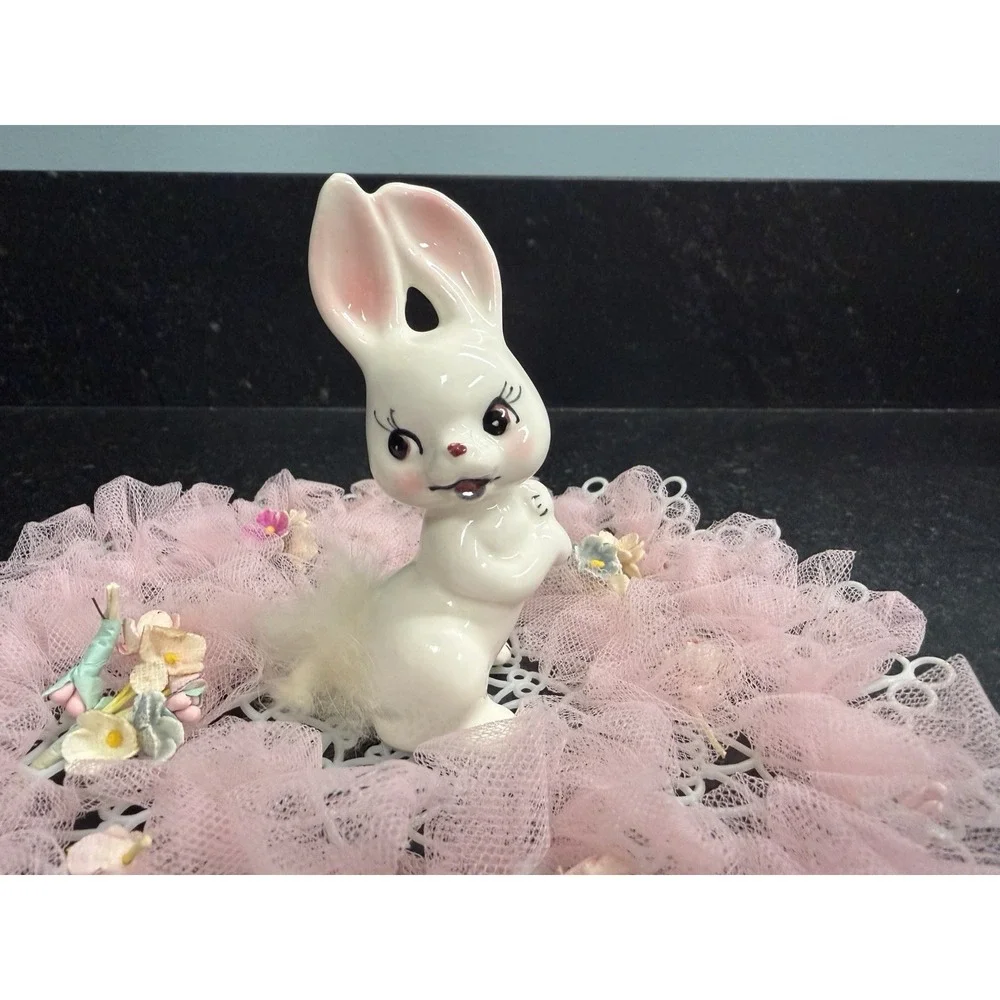 Vintage Ceramic Bunny Rabbit Figurine w Fur Tail Pink Tulle Easter Centerpiece‎